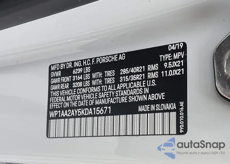 2019 Porsche Cayenne из США, поврежденный, VIN WP1AA2AY5KDA15671